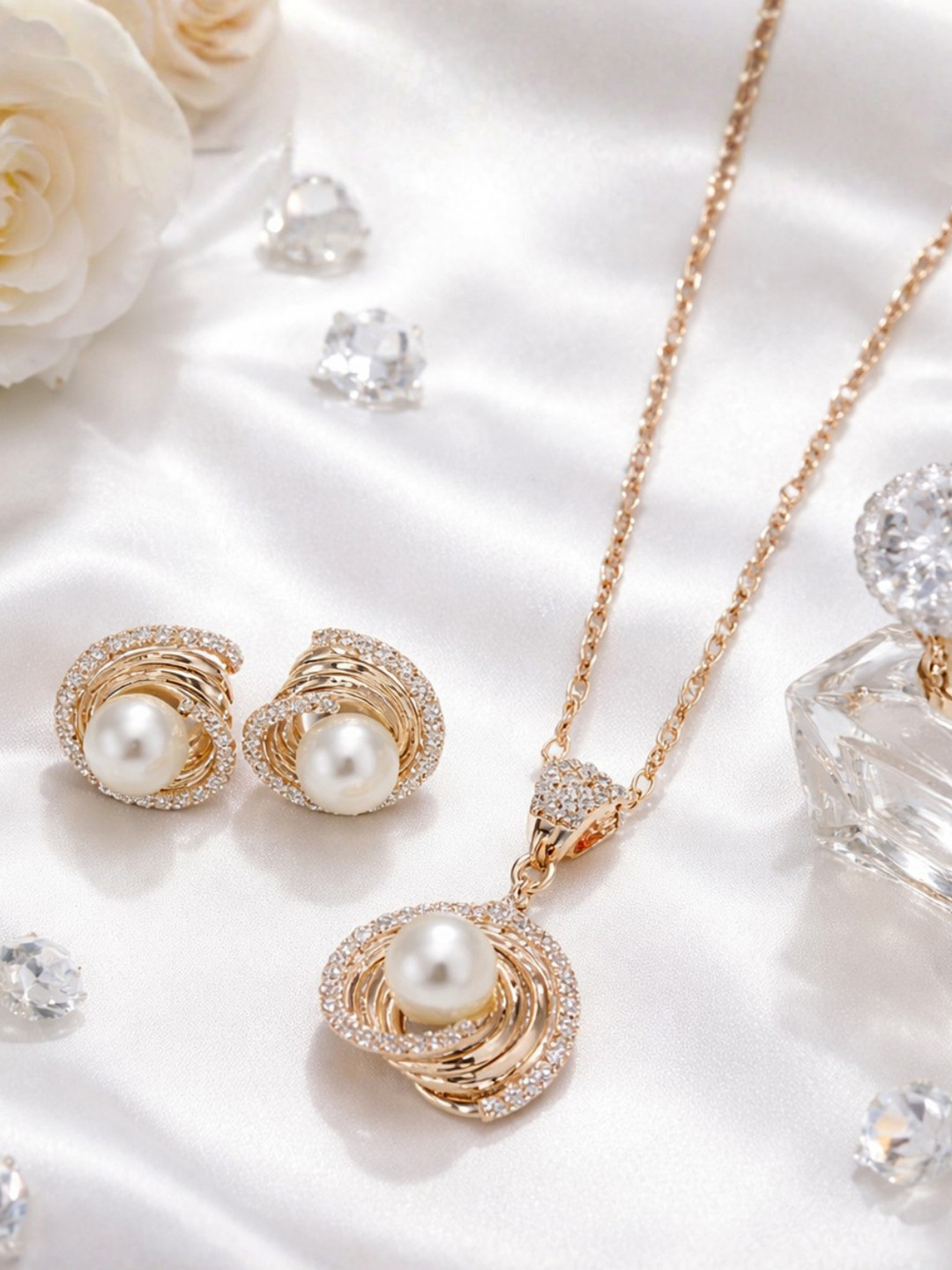 I Jewels Rose Gold-Plated Pearl Stone Studded Jewellery Set