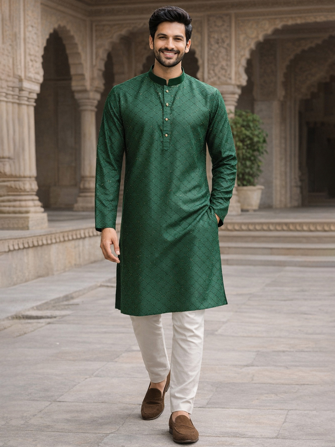 House of Pataudi Green Embroidered Mandarin Collar Long Sleeve Sequins Straight Kurtas