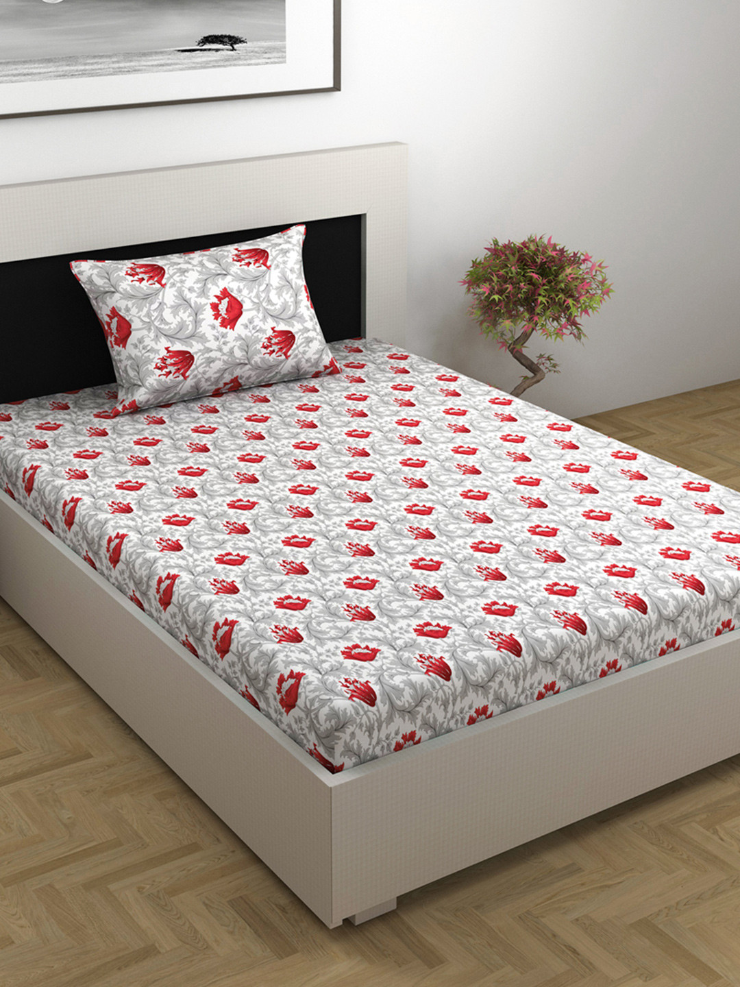 Divine Casa Scarlet Grey Floral Cotton 144 TC Single Bedsheet with 1 Pillow Cover