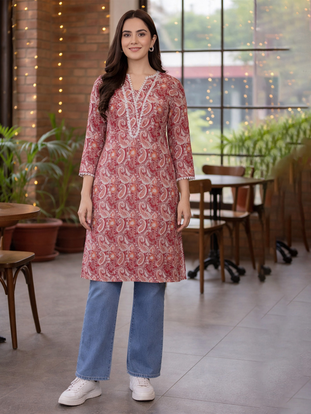 Ethnic Lady Paisley Printed V-Neck Kurti