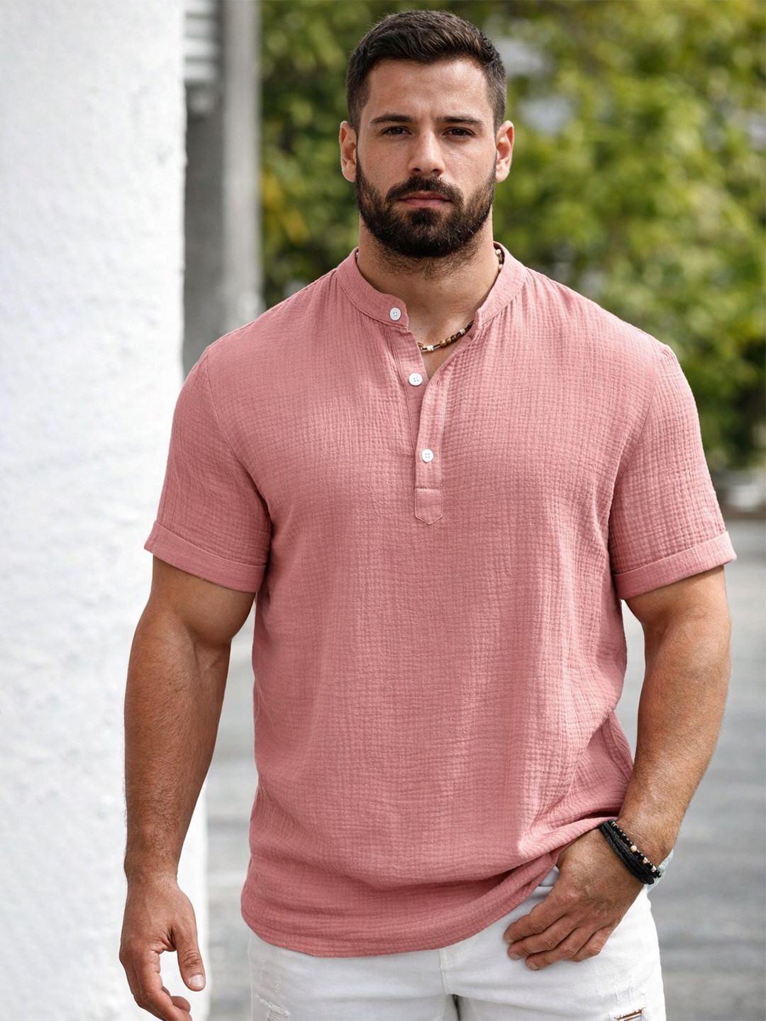 Fifth U Men Mandarin Collar Roll-Up Sleeves A-Line Kurta