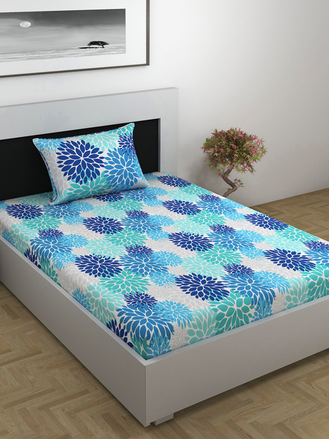Divine Casa Galaxy Blue Floral Cotton 144 TC Single Bedsheet with 1 Pillow Cover