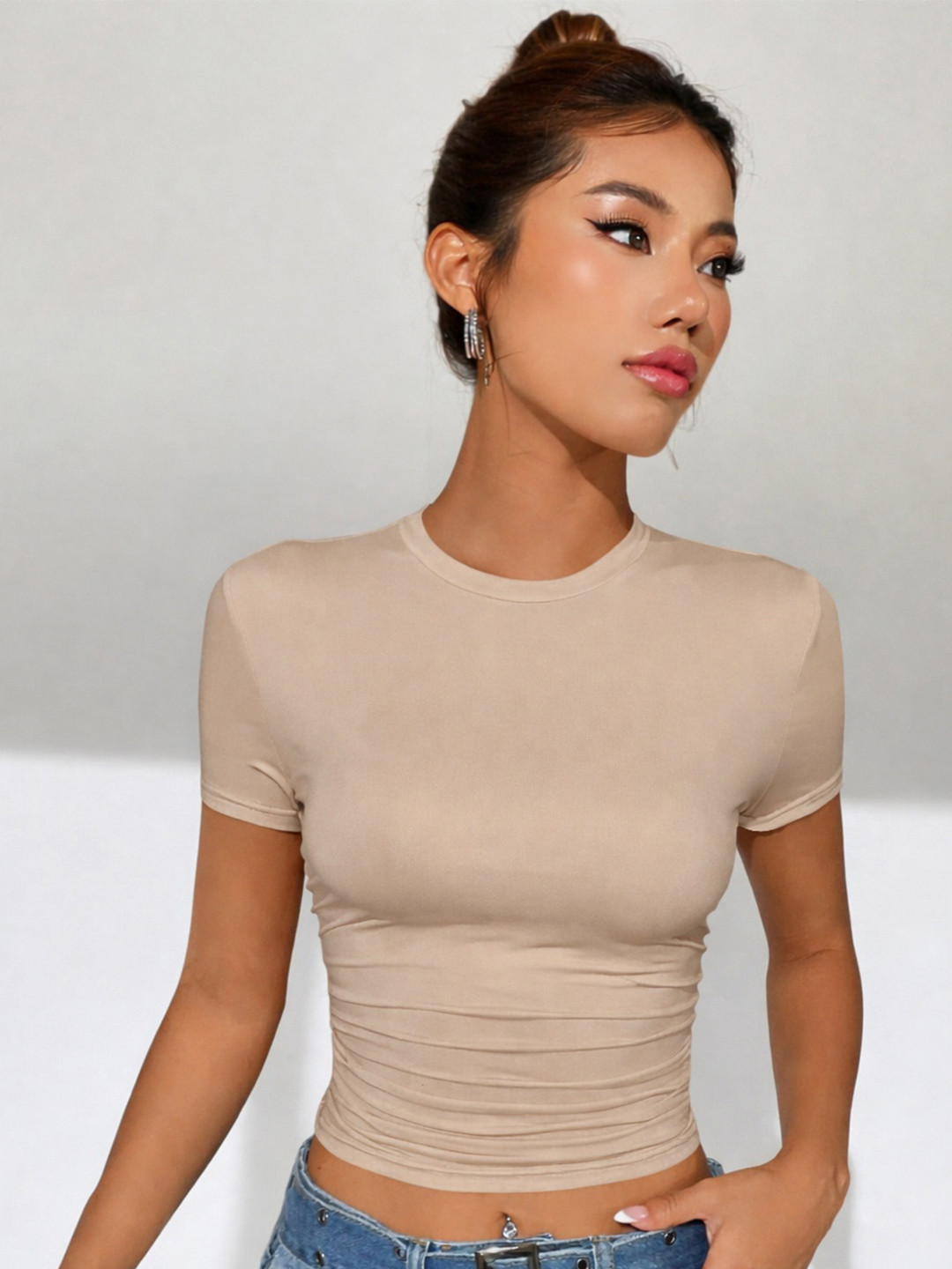 CREZYVEZY Solid Round Neck Short Sleeves Top
