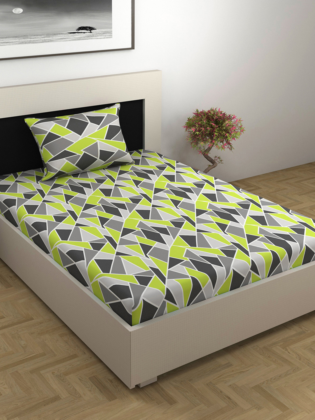 Divine Casa Lime Grey Geometric Cotton 144 TC Single Bedsheet with 1 Pillow Cover