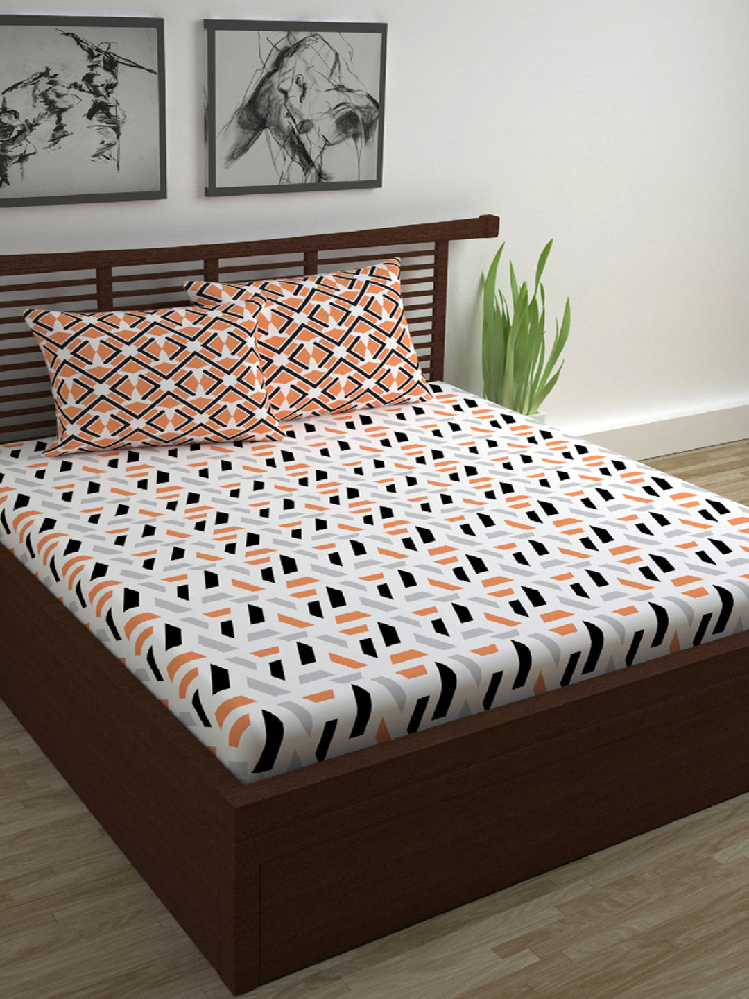 Divine Casa Peach & Black Abstract Cotton 144 TC Double Bedsheet with 2 Pillow Covers