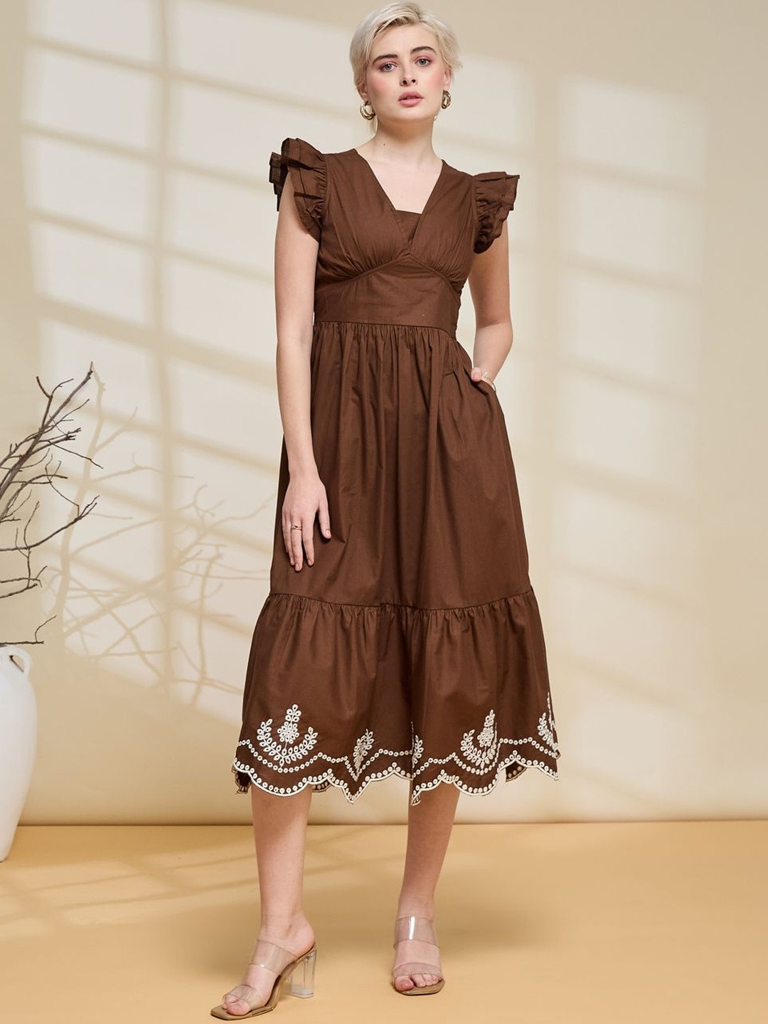 J Turritopsis Women Cotton Embroidered Casual Midi Dress
