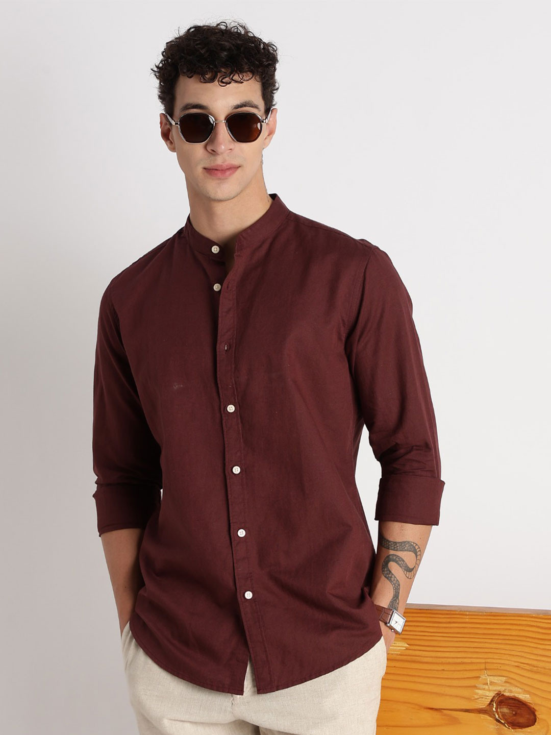 Blu MNKY Slim Fit Long Sleeves Maroon Casual Cotton Linen Shirt for Men