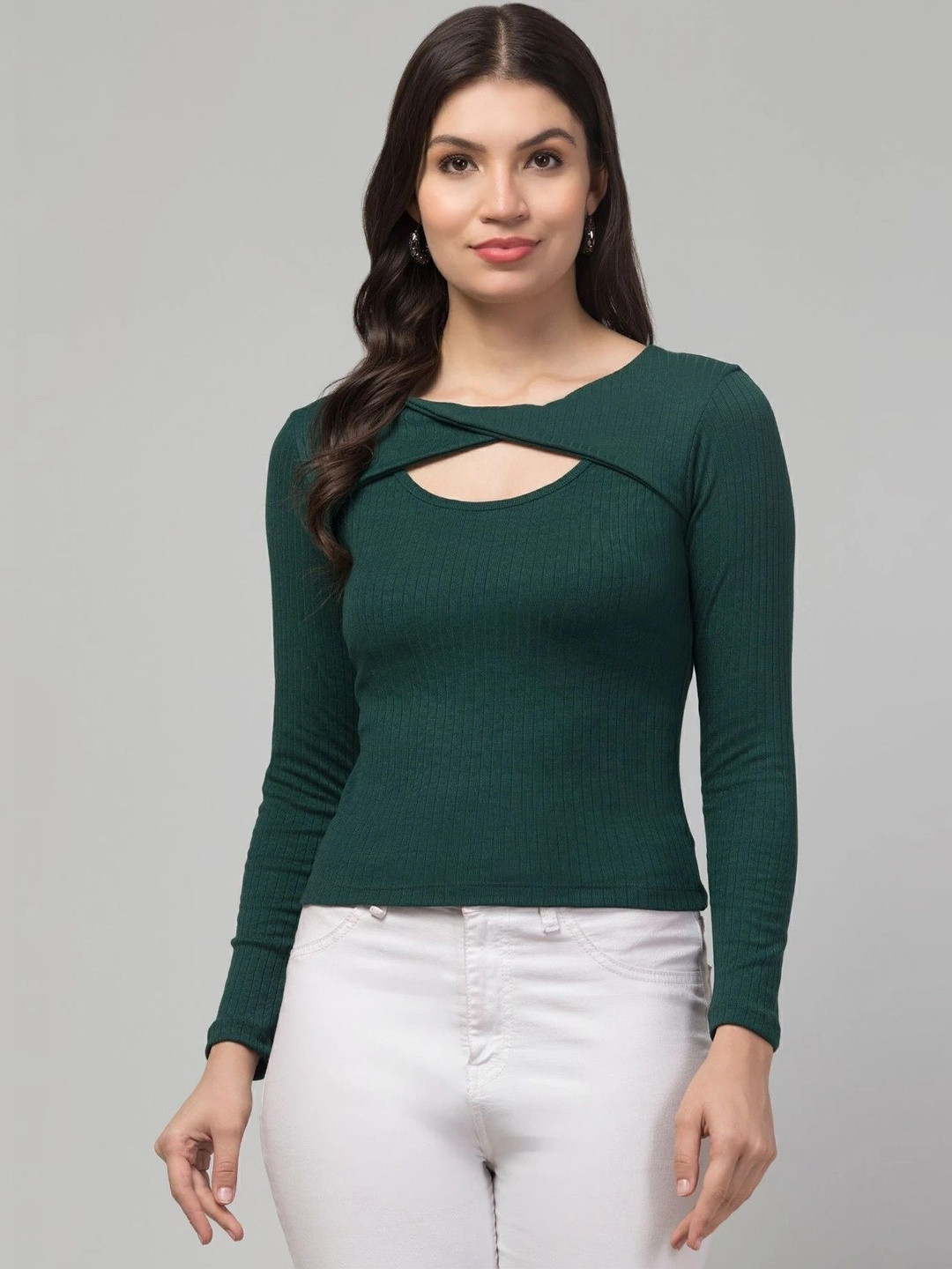 TANUSHK Women Cut Out Round Neck Cotton Blend Top