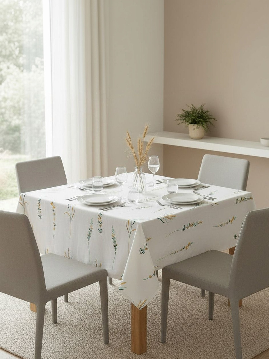 HOMEMONDE Green Floral Cotton 4-Seater Table Cover