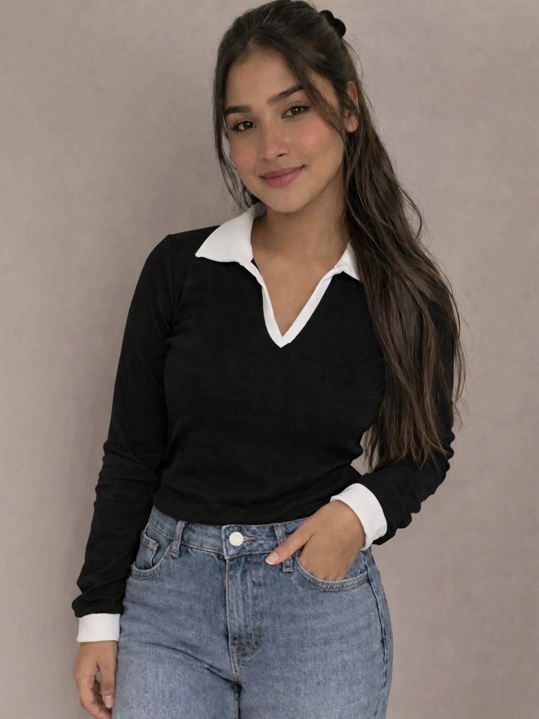 TANUSHK Women Ribbed Shirt Collar Cotton Blend Tops