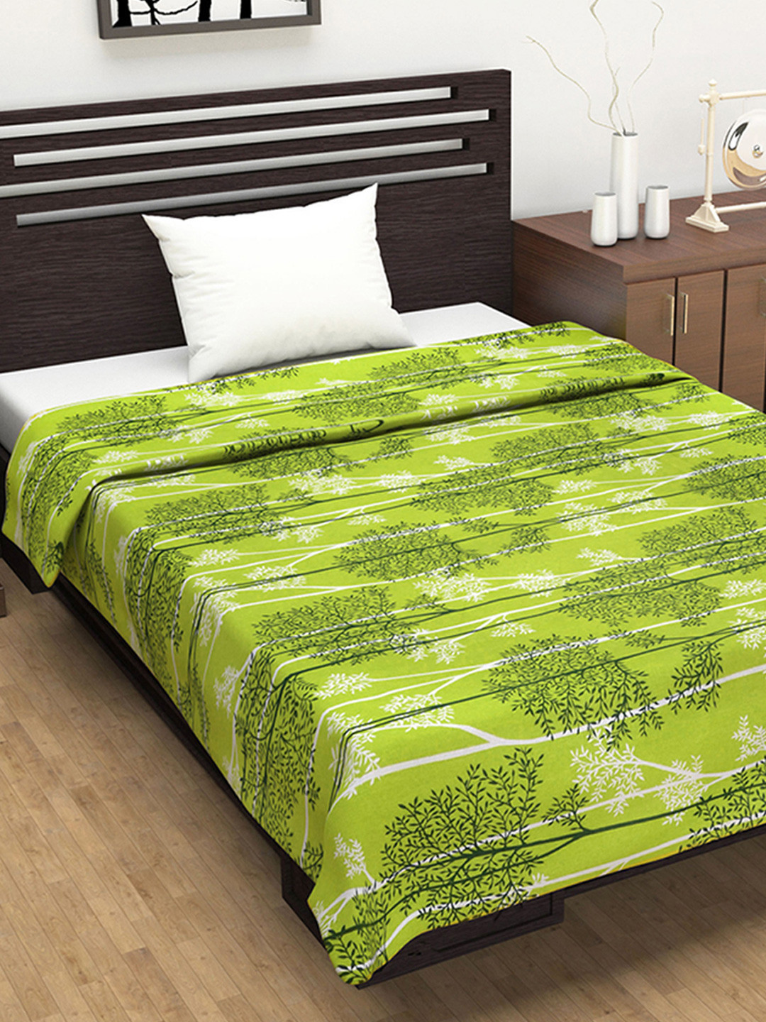 Divine Casa Green & White Floral Cotton AC Room 120 GSM Single Bed Dohar Blanket