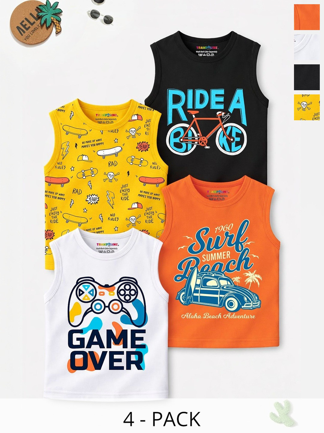 YK X Trampoline Boys Pack Of 4 Sleeveless Printed All Over Printed Tshirts