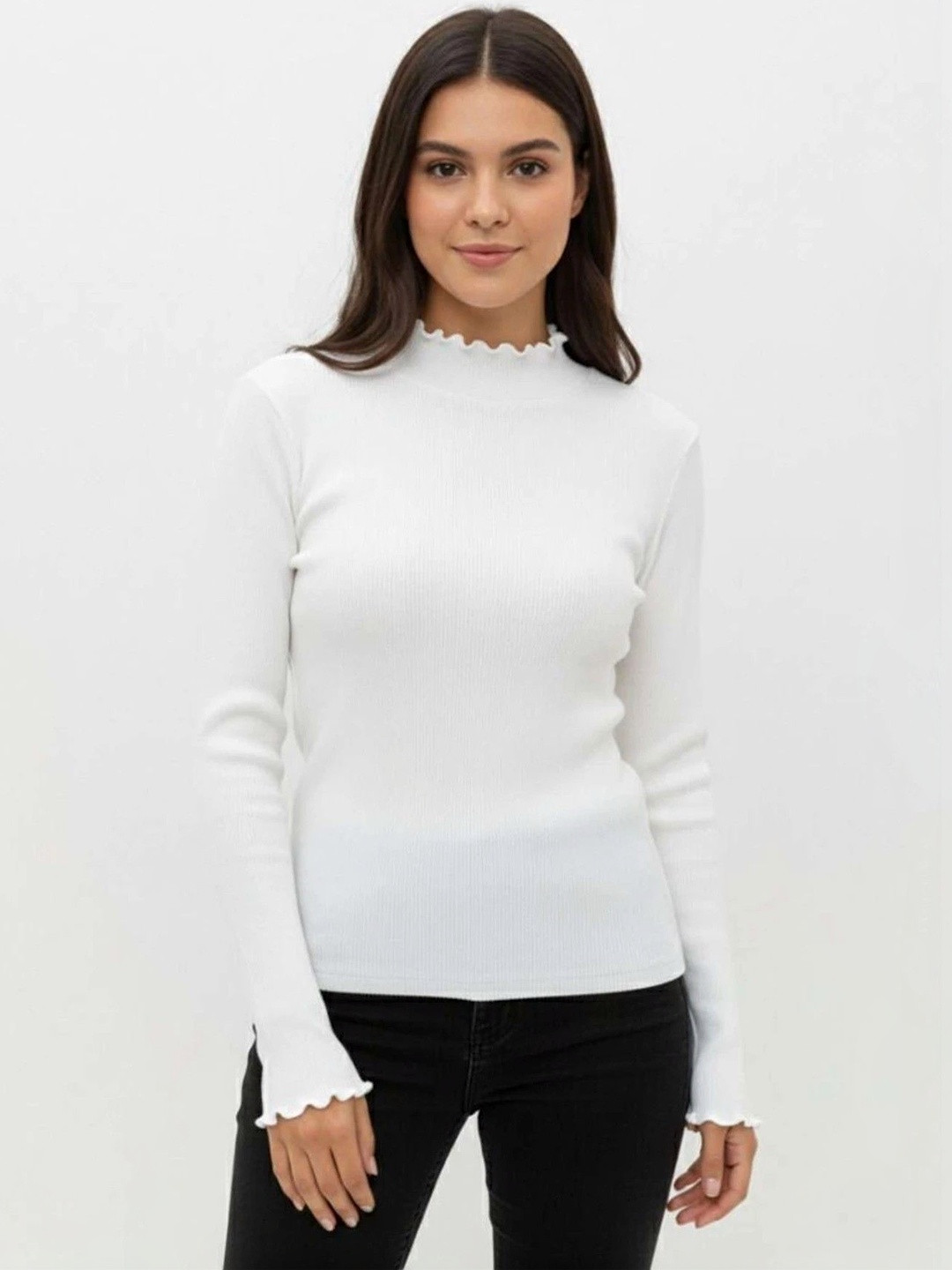 TANUSHK Women Ribbed High Neck Cotton Blend Top