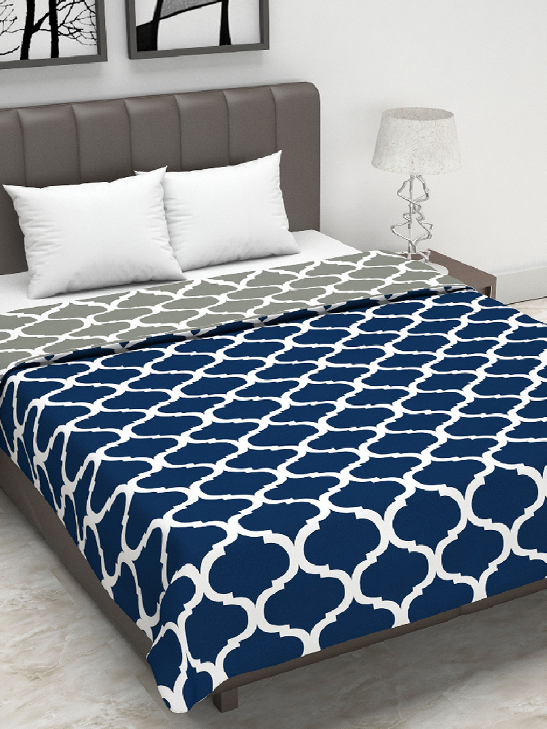 Divine Casa Deep Blue Geometric Microfiber AC Room 120 GSM Double Bed Dohar Blanket