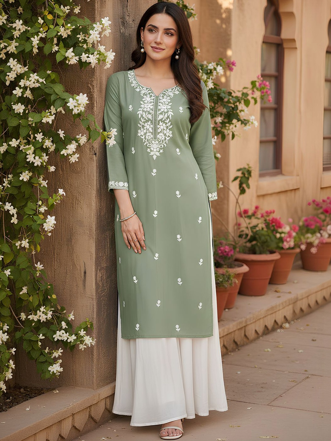 FORKEY Women Ethnic Motifs Embroidered Thread Work Kurta