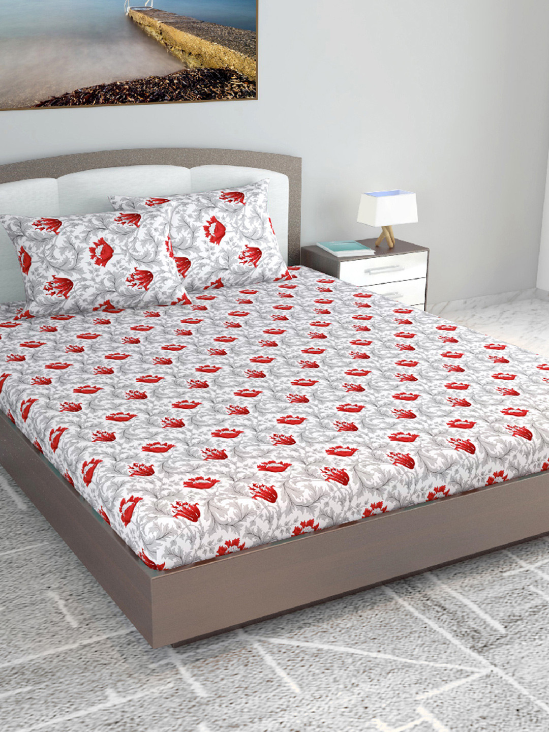 Divine Casa Scarlet Grey Floral Cotton 144 TC King Bedsheet with 2 Pillow Covers