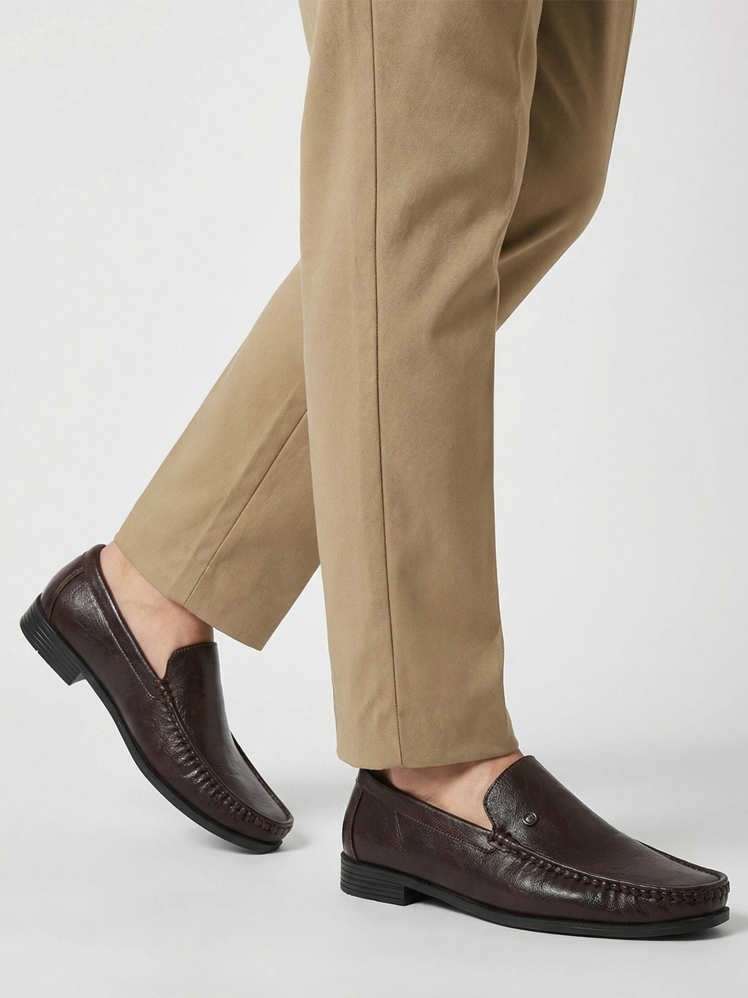 Styli Brown Round Toe Slip-On Loafers Formal Shoes