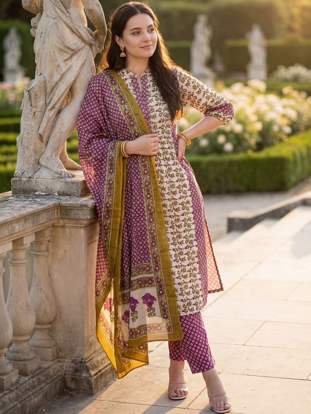 Indo Era Women Floral Printed Regular Beads and Stones Pure Cotton Kurta with Trousers & With Dupatta