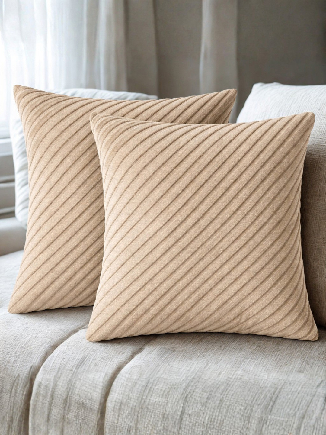 SWAYAM Beige Set of 2 Velvet Square Cushion Covers