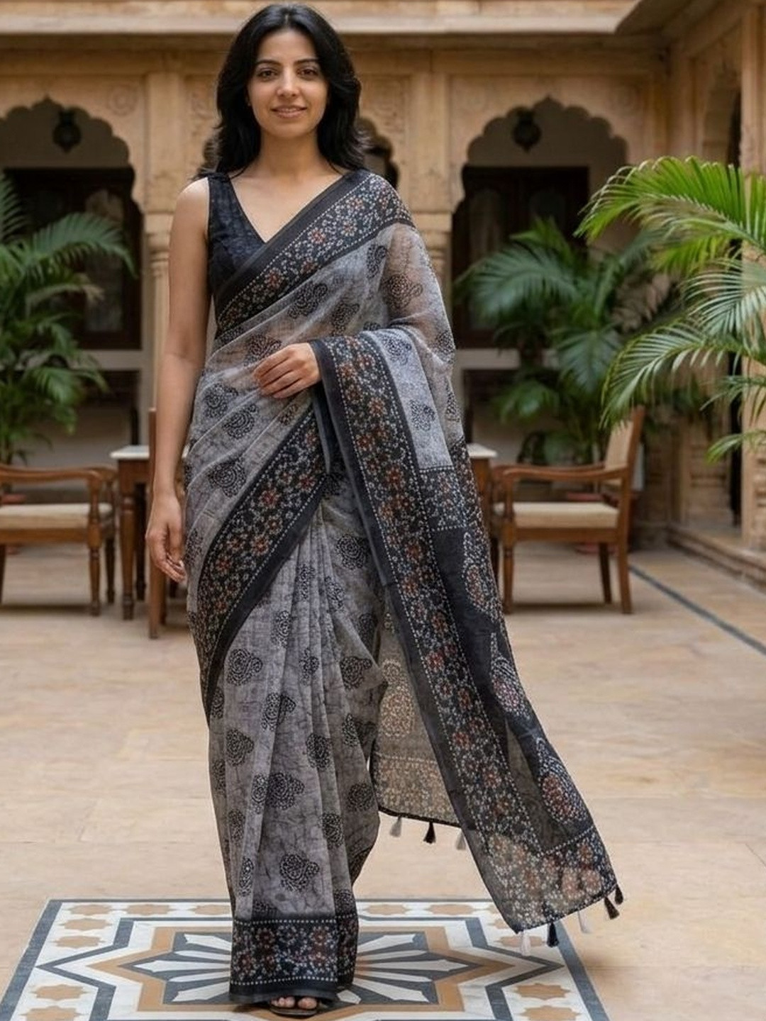 AANVI Grey Black Digital Printed Supernet Ethnic Motifs Sarees