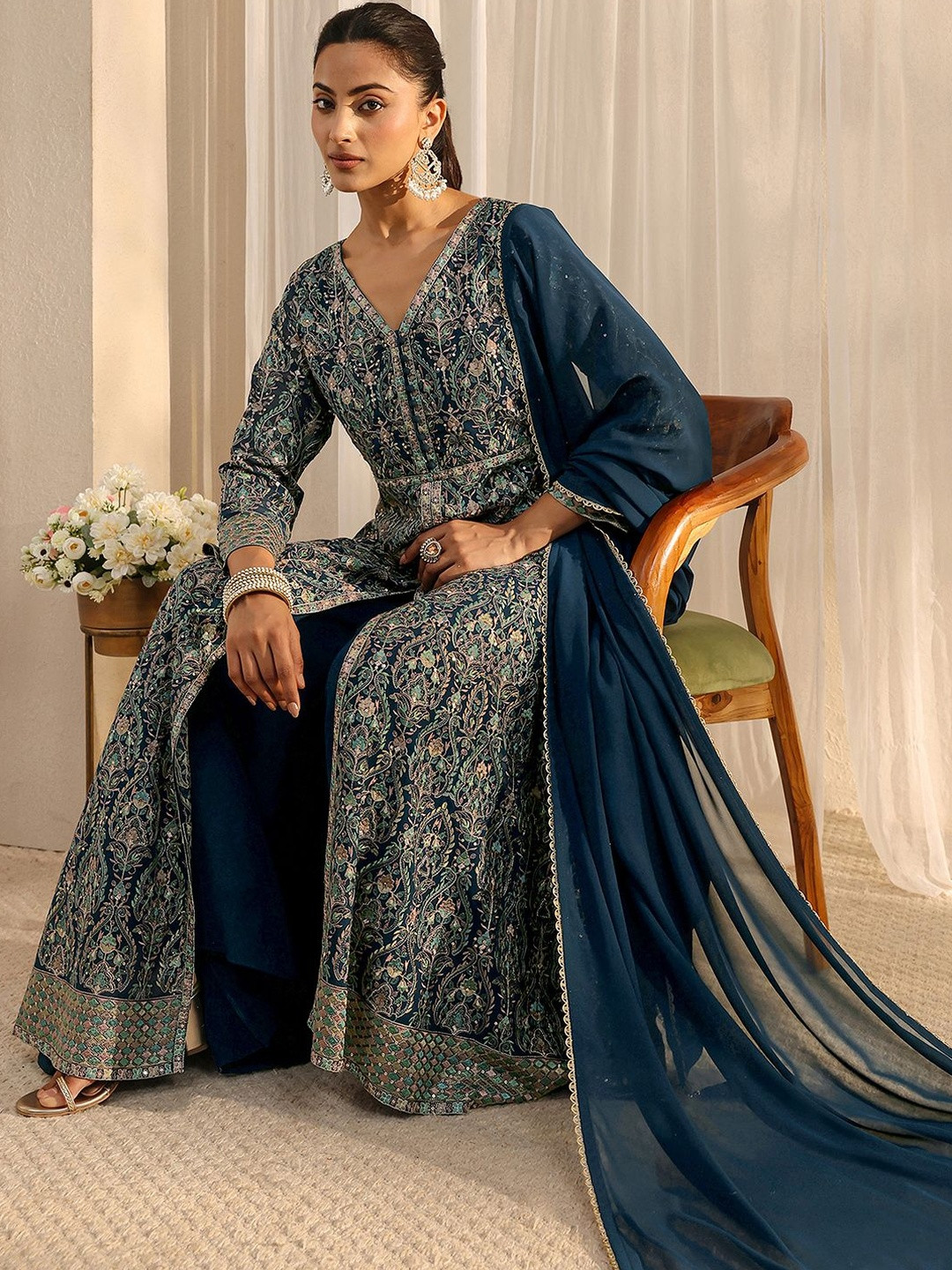 Libas Blue Embellished Georgette A-Line Palazzo Suit Set with Dupatta