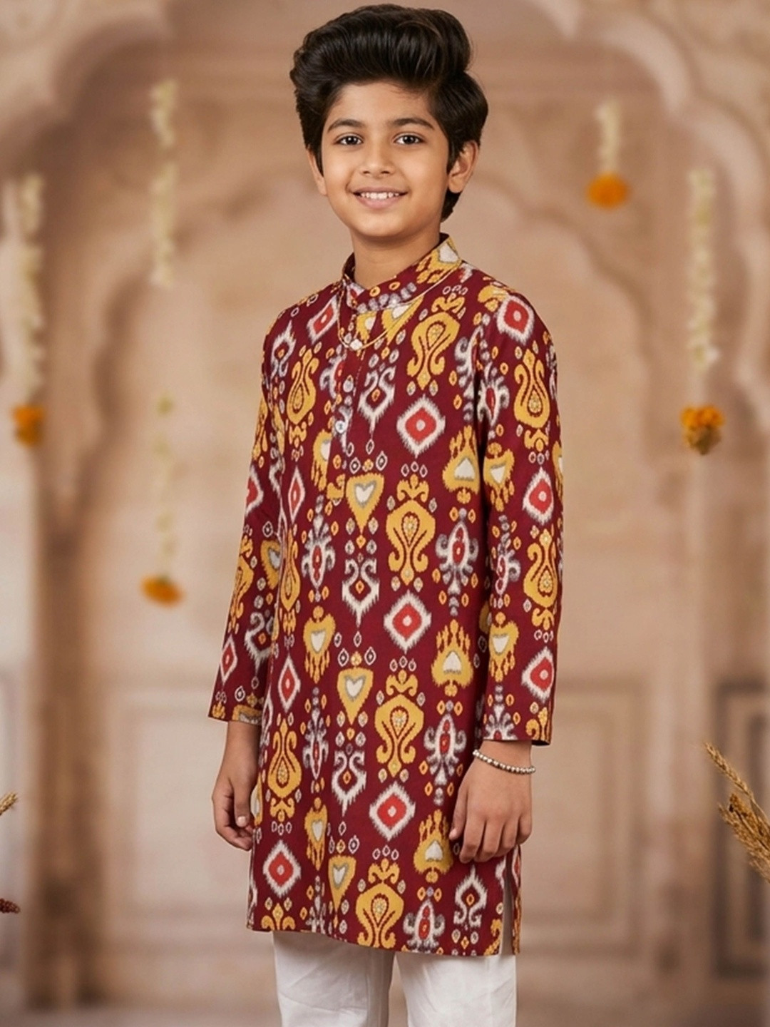 KiddoPanti Boys Ethnic Motifs Printed Mandarin Collar Regular Sleeves Asymmetric Kurta