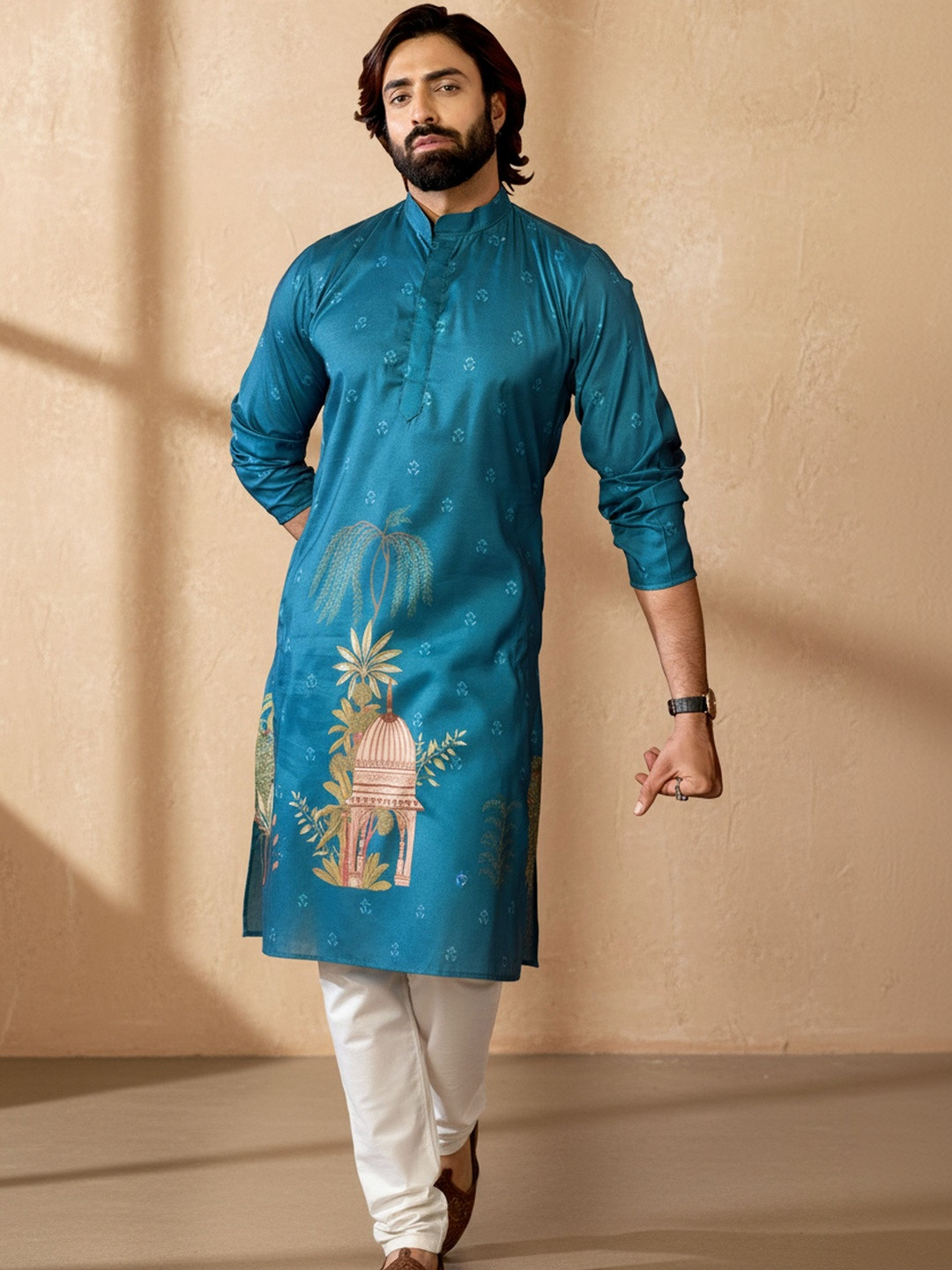 INDIROOP Men Printed Mandarin Collar Regular Sleeves Kurta