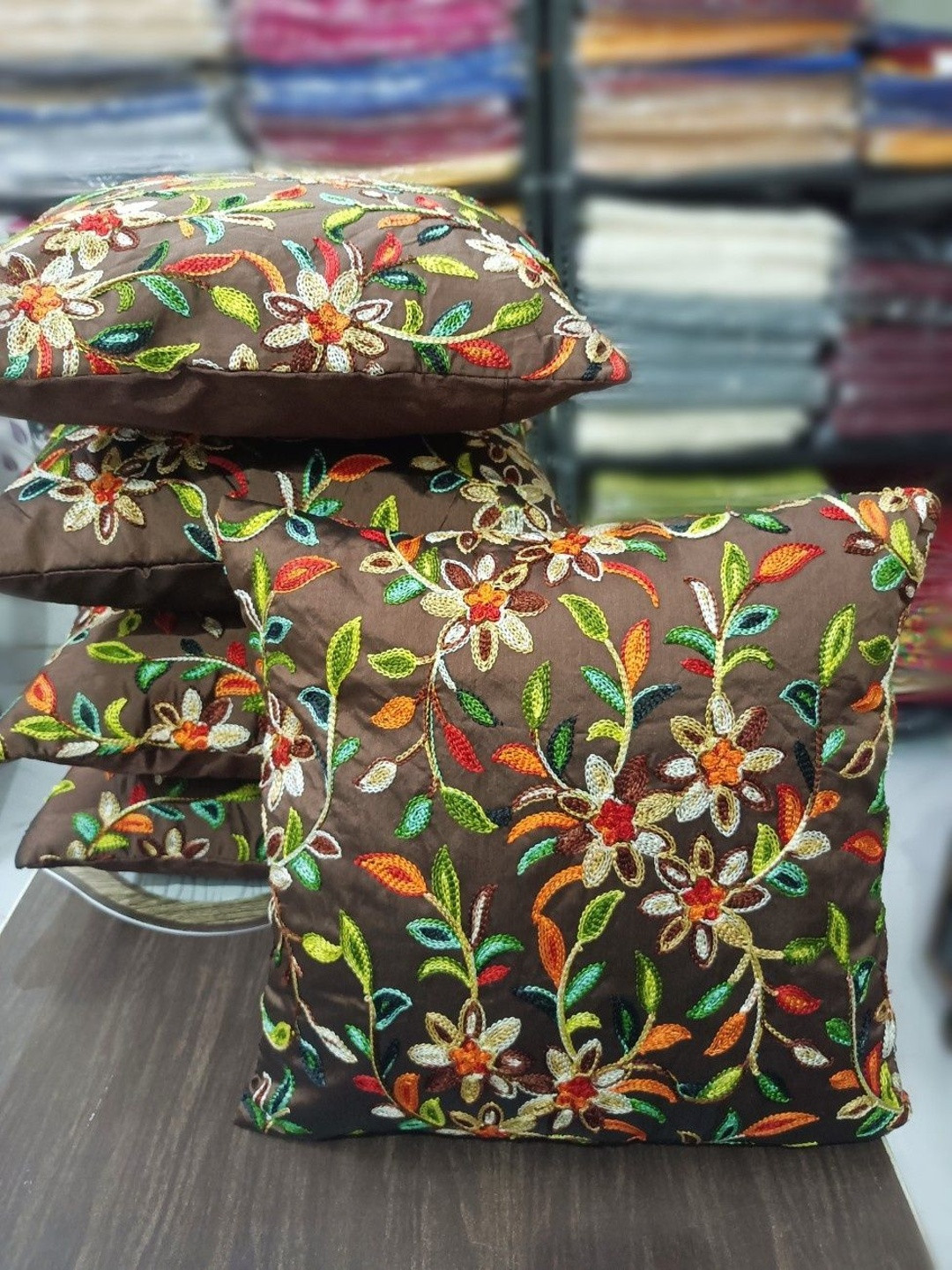 LOFEY Brown Set of 5 Embroidered Square Cushion Covers