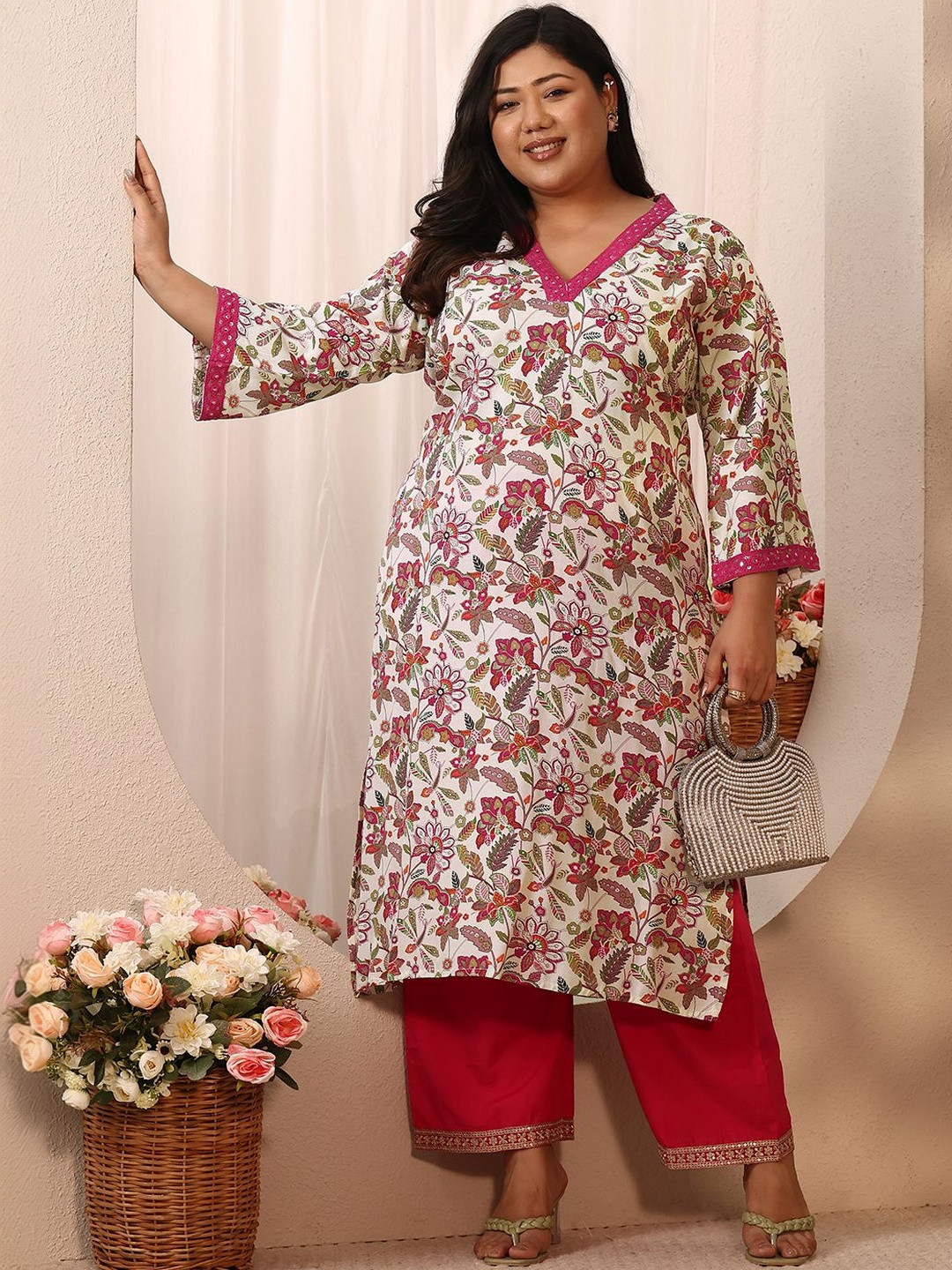 EXTRA LOVE BY LIBAS Plus Size Women Floral Printed Flared Sleeves Mirror Work Kurta