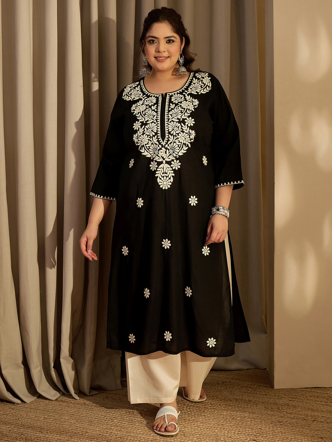 Indo Era Plus Size Black Embroidered Straight Kurtas