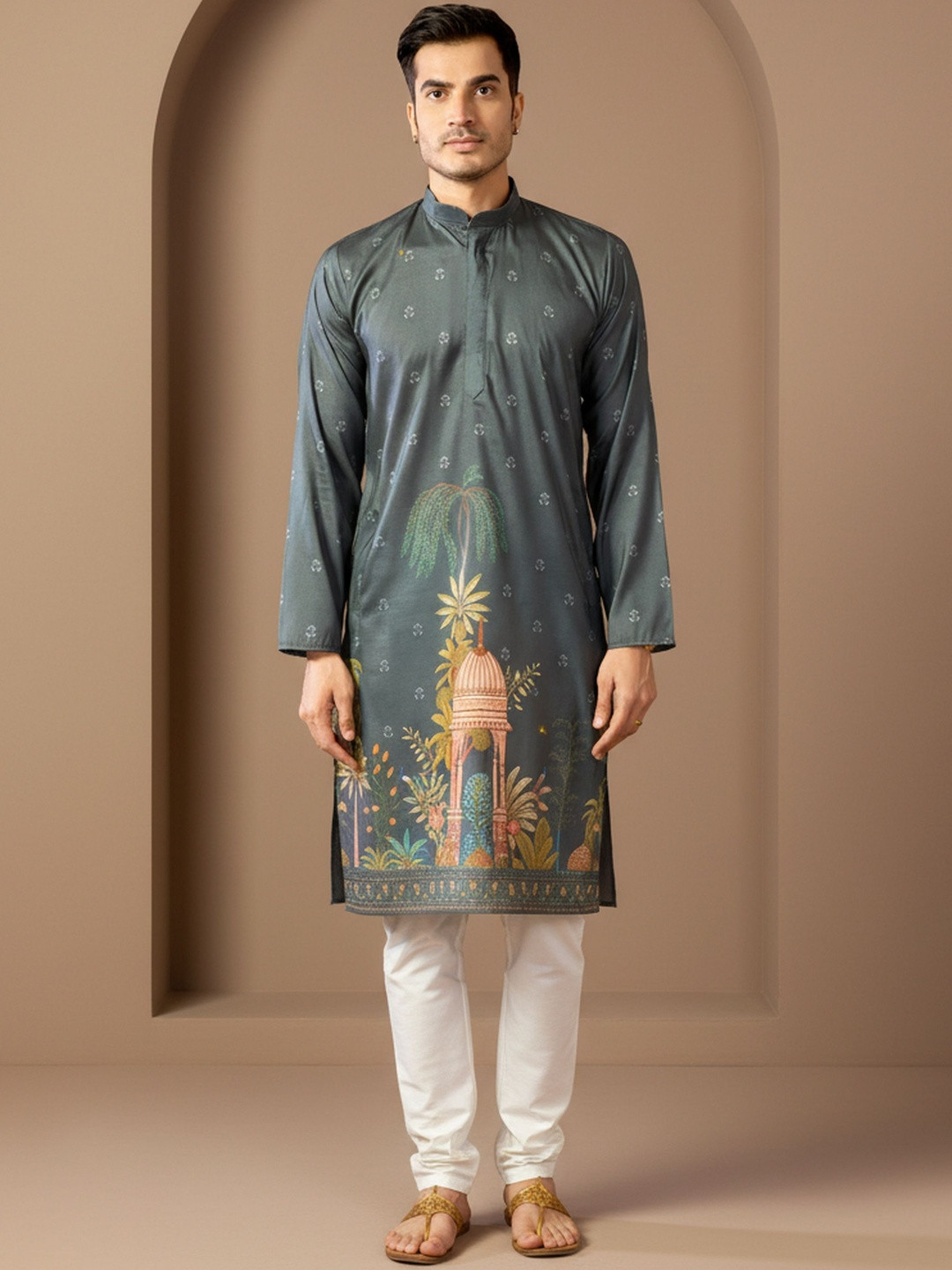 INDIROOP Men Ethnic Motifs Printed Mandarin Collar Kurta