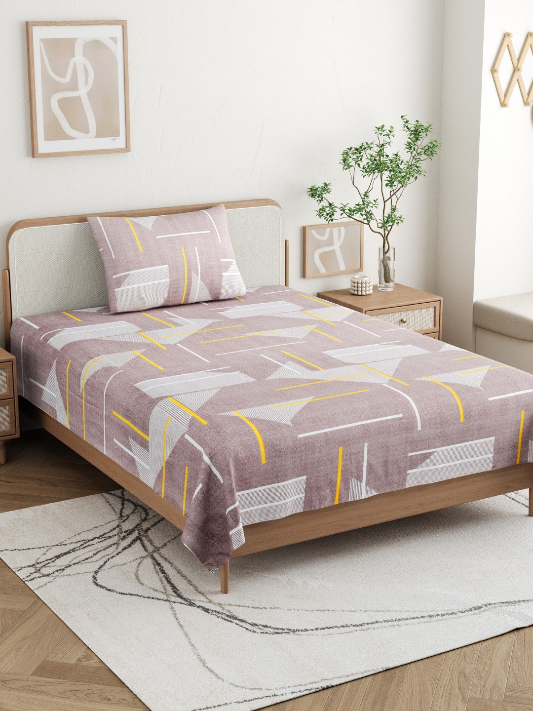 FABROLI Multicoloured Geometric 300 TC Single Bedsheet with 1 Pillow Covers
