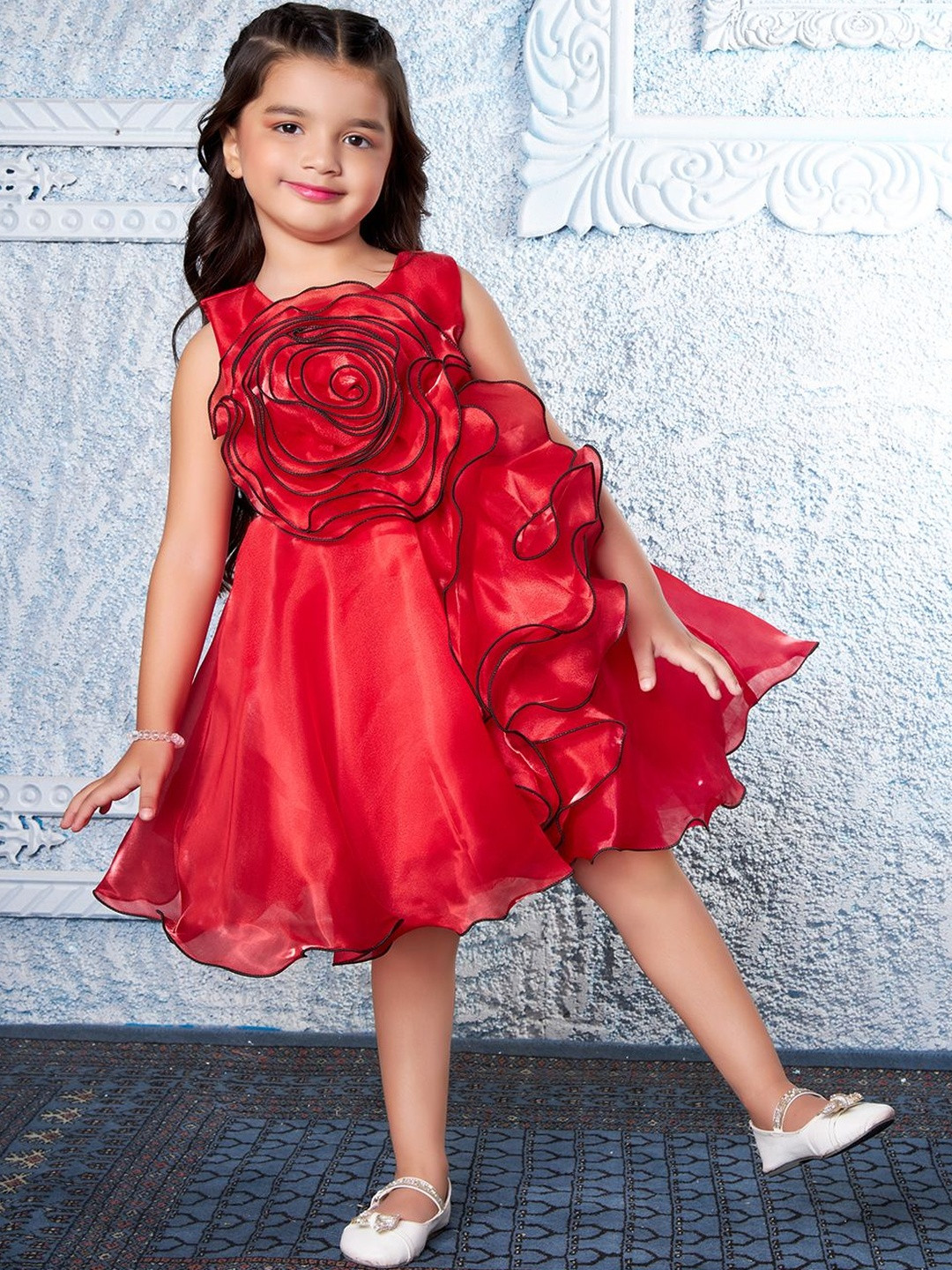 Ministitch Solid Red PU Coated Organza Fit & Flare Dress