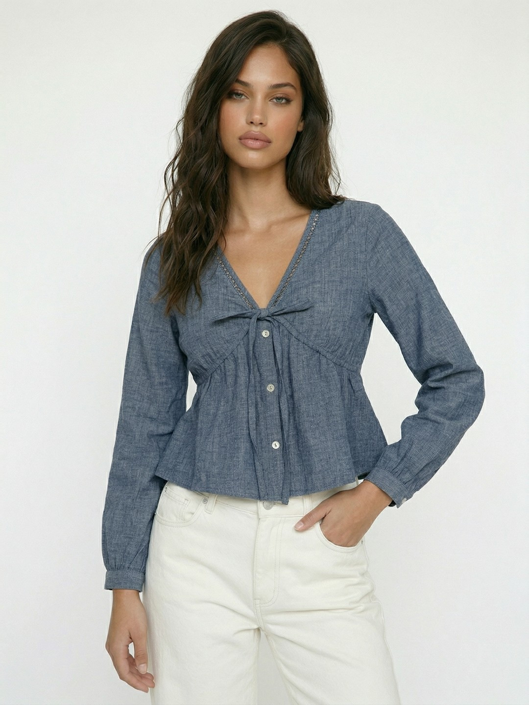 glitchez V-Neck Cuffed Sleeves Empire Top