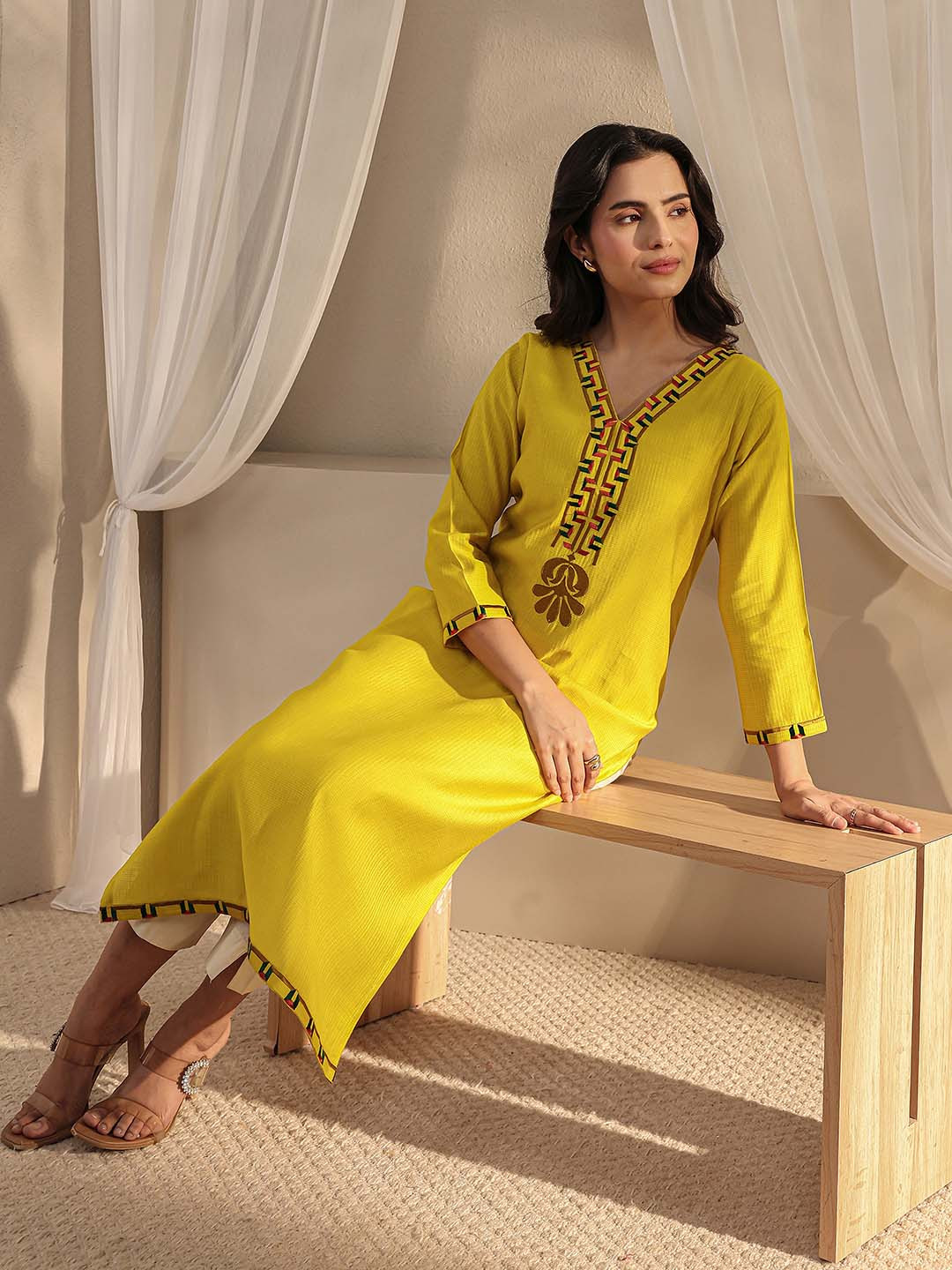 Libas Mustard Ethnic Motif Embroidered Straight Kurta