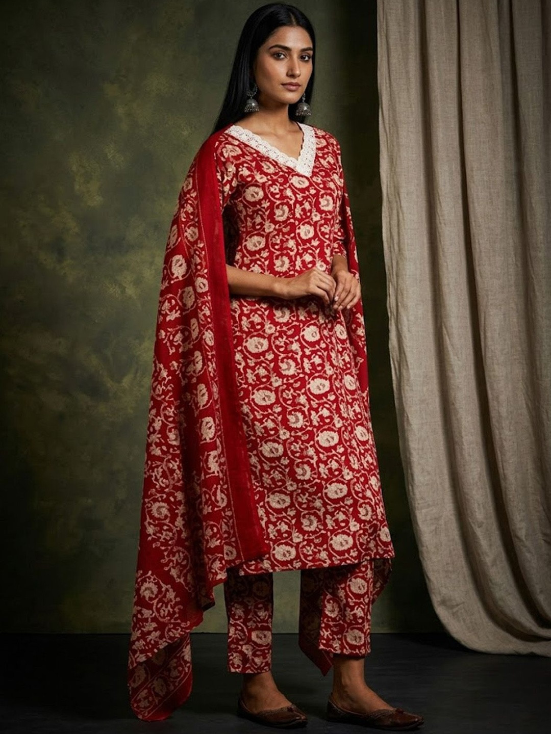 Sangria Printed V-Neck Kurta & Trousers With Dupatta