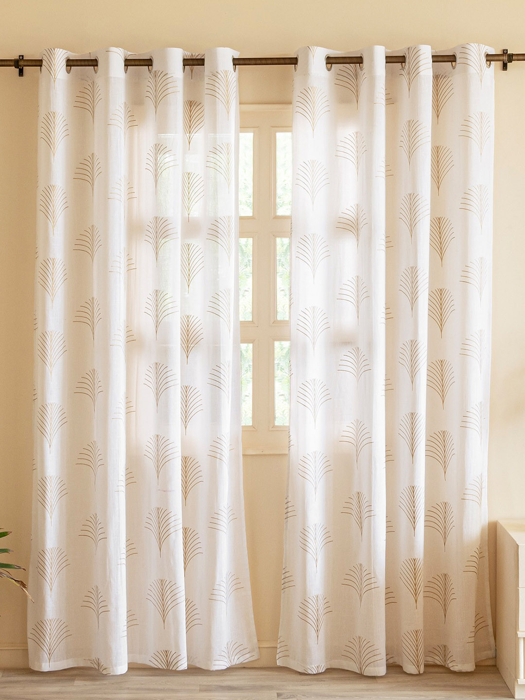 HOMEMONDE Gold-Toned Set of 2 Floral Cotton Sheer Window Regular
