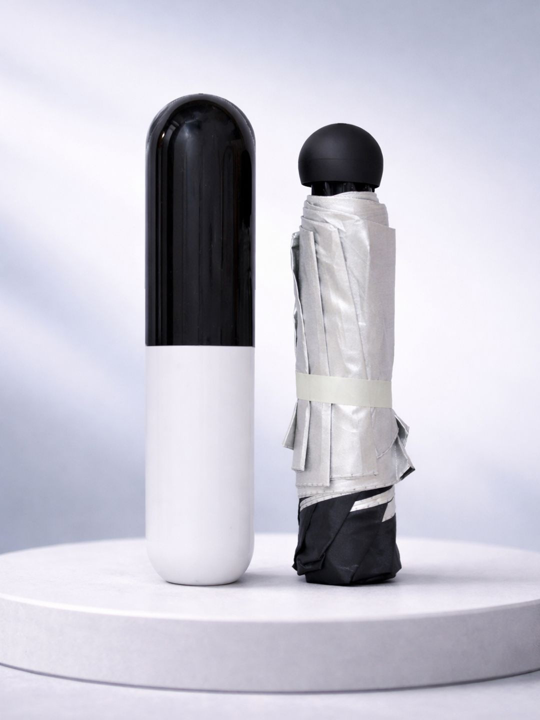 FABINALIV Black Solid 3 Fold Waterproof Compact Capsule Umbrella