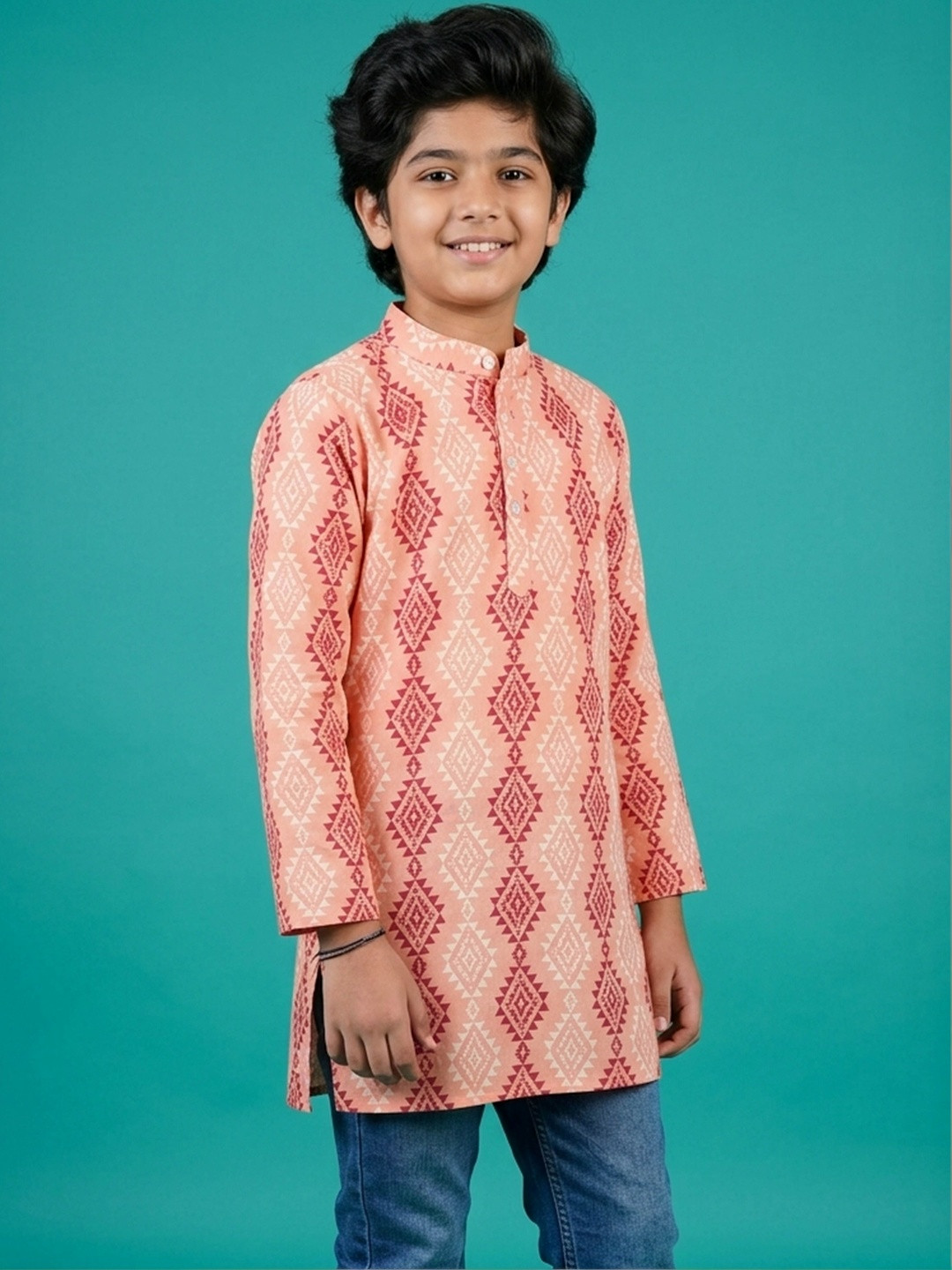 KiddoPanti Boys Tribal Printed Mandarin Collar Pure Cotton Short Kurta