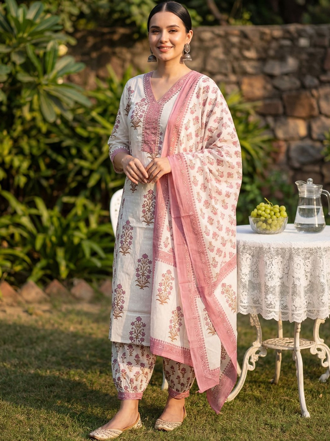 Indo Era Women Floral Printed Regular Sequinned Pure Cotton Kurta with Salwar & With Dupatta