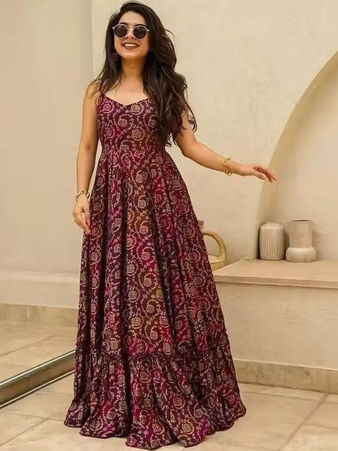 ICONIC CLOTH Rayon Fabric Printed Neck Sleeve Women New Desiner Long Dress