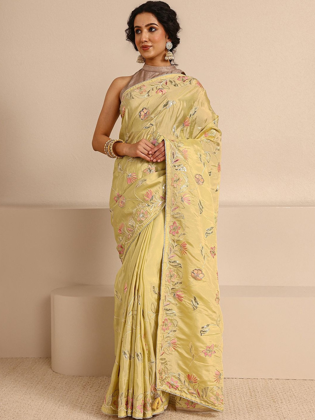 Libas Yellow Floral Embellished Saree with Unstitched Blouse Piece