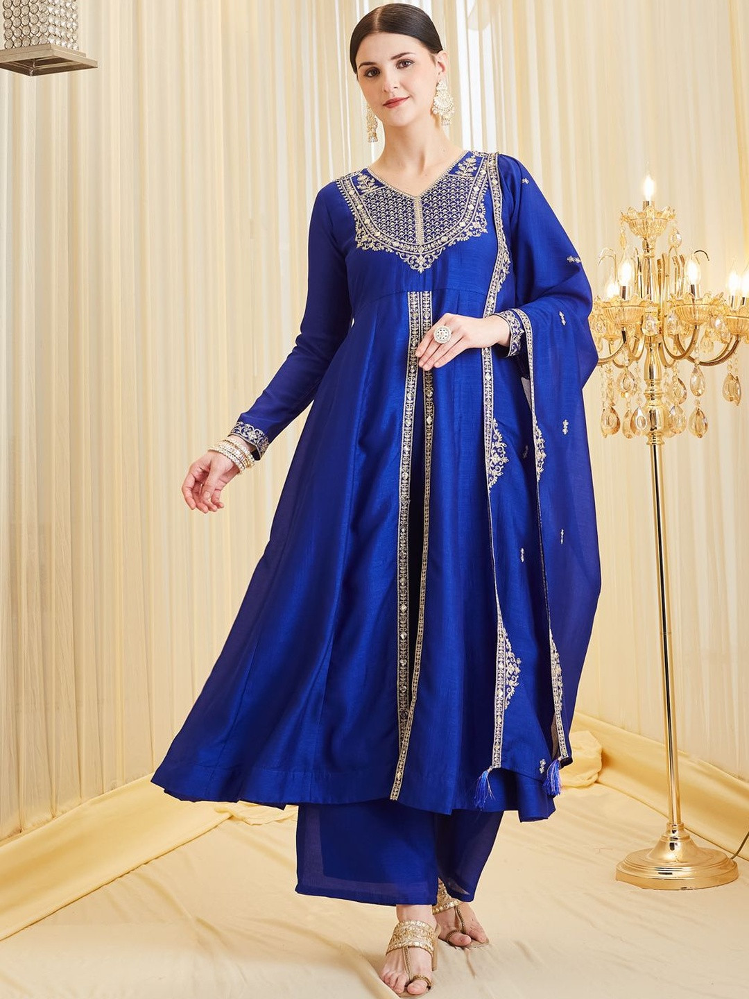 Colors of Earth Silk Embroidered Anarkali Kurta And Palazzo Set With Dupatta
