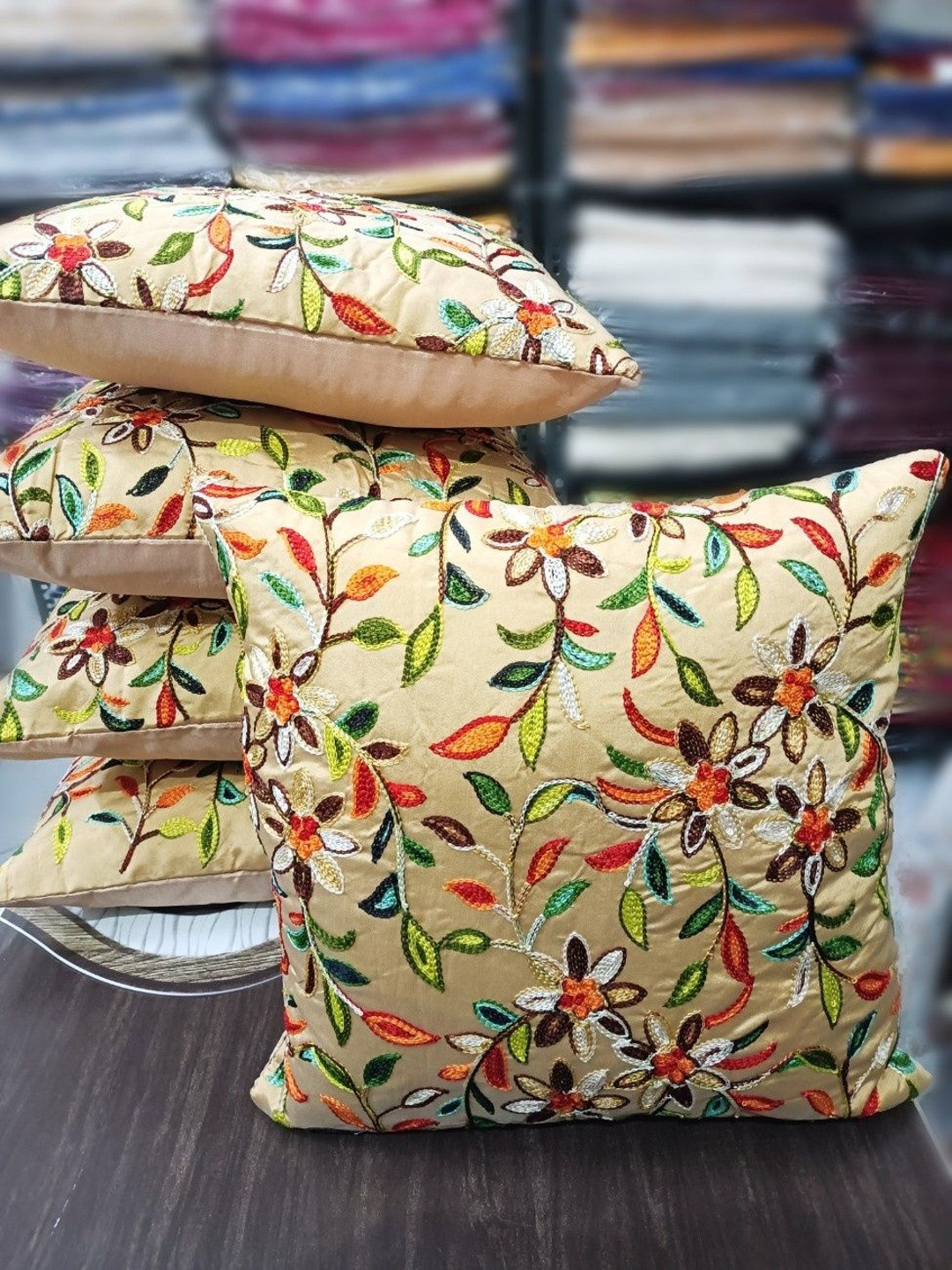 LOFEY Beige Set of 5 Embroidered Square Cushion Covers