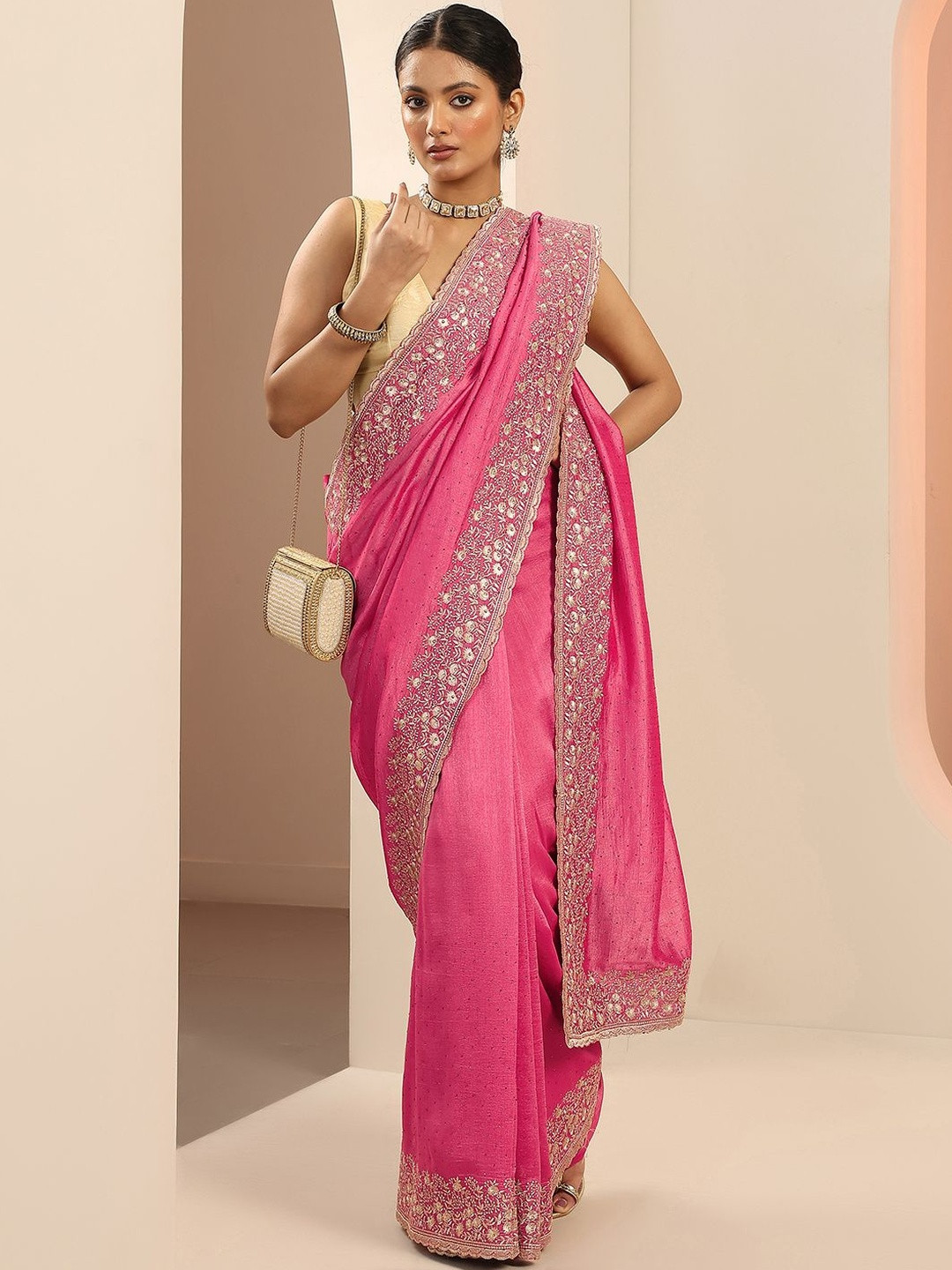 Libas Peach Embellished Saree With Unstitched Blouse Piece