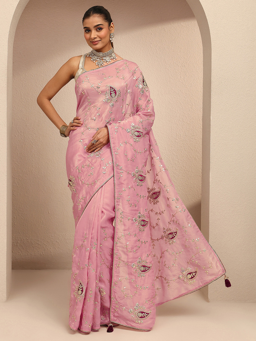 Libas Peach Embroidered Saree With Unstitched Blouse Piece