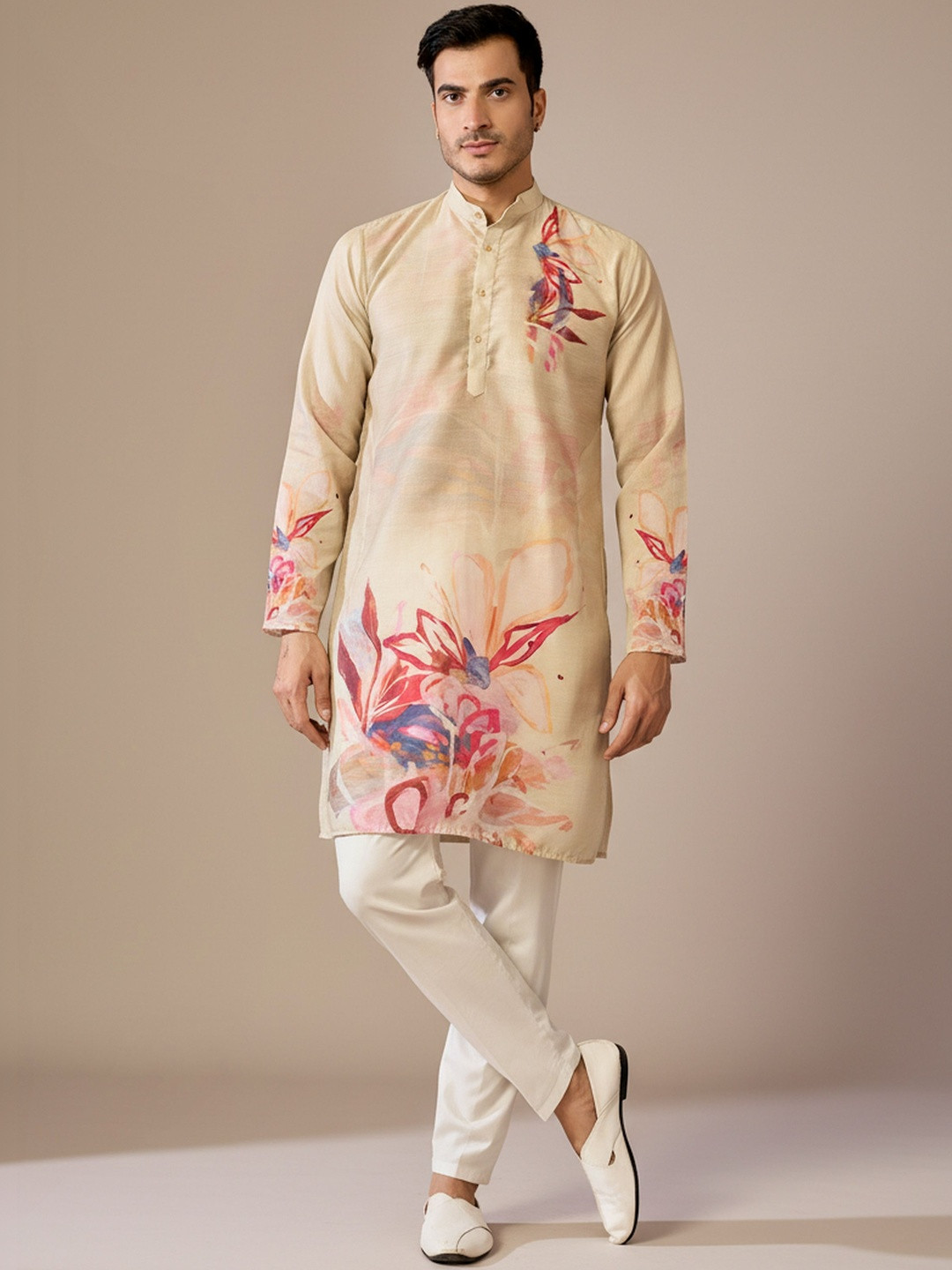 INDIROOP Floral Printed Mandarin Collar Pure Cotton Straight Kurta