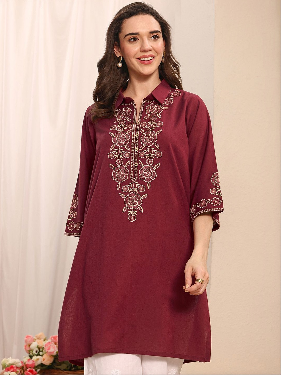 Libas Rust Embroidered Cotton Straight Short Kurti