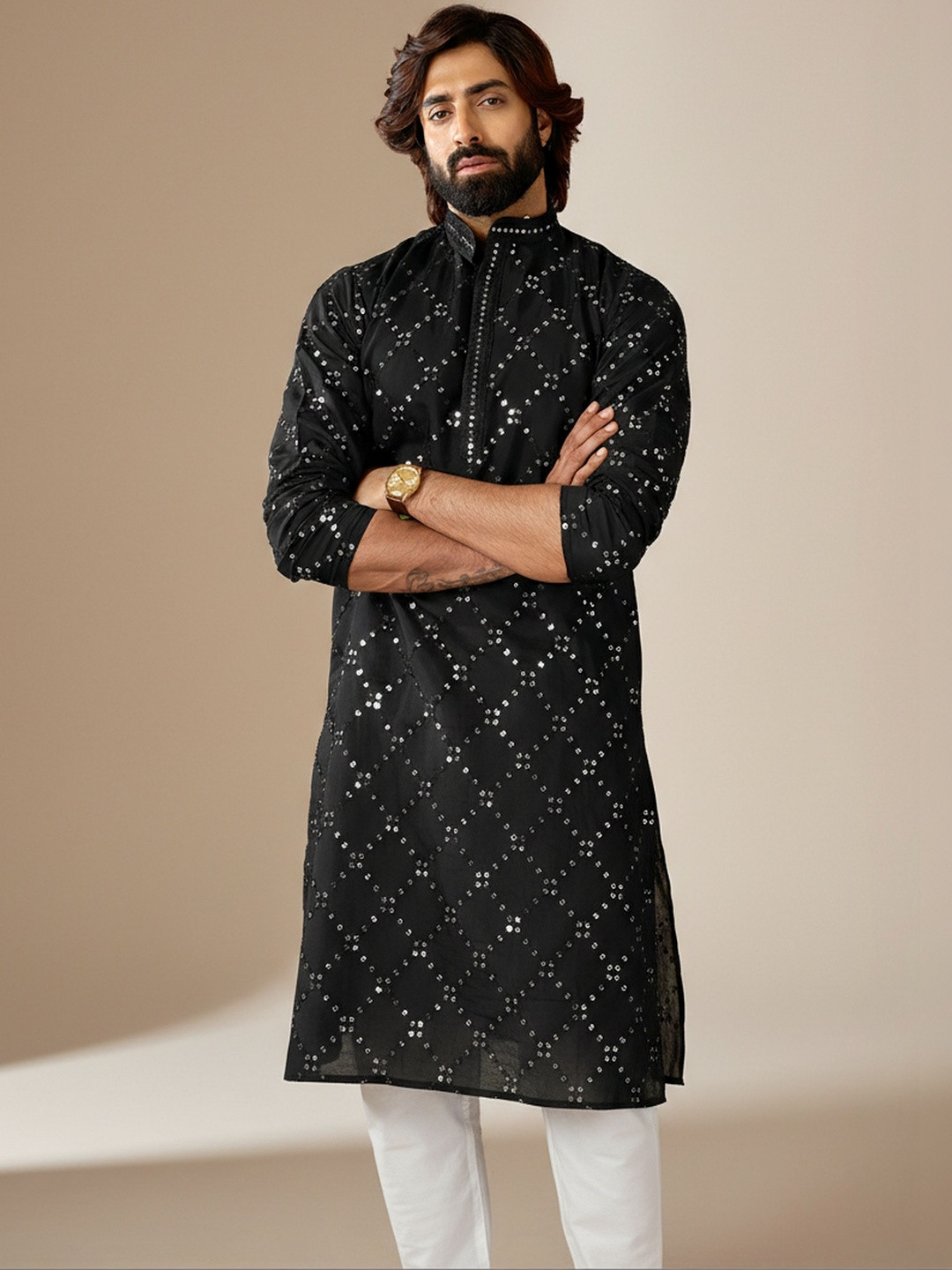 INDIROOP Men Geometric Woven Design Mandarin Collar Regular Sleeves Kurta