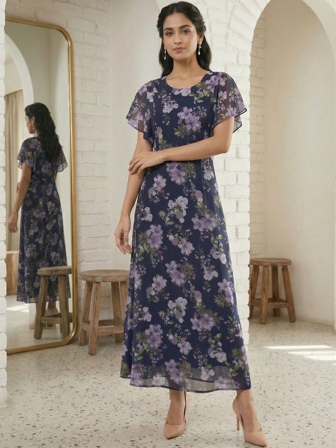 Hive91 Purple Floral Georgette Maxi Dress Flutter Sleeves Dresses